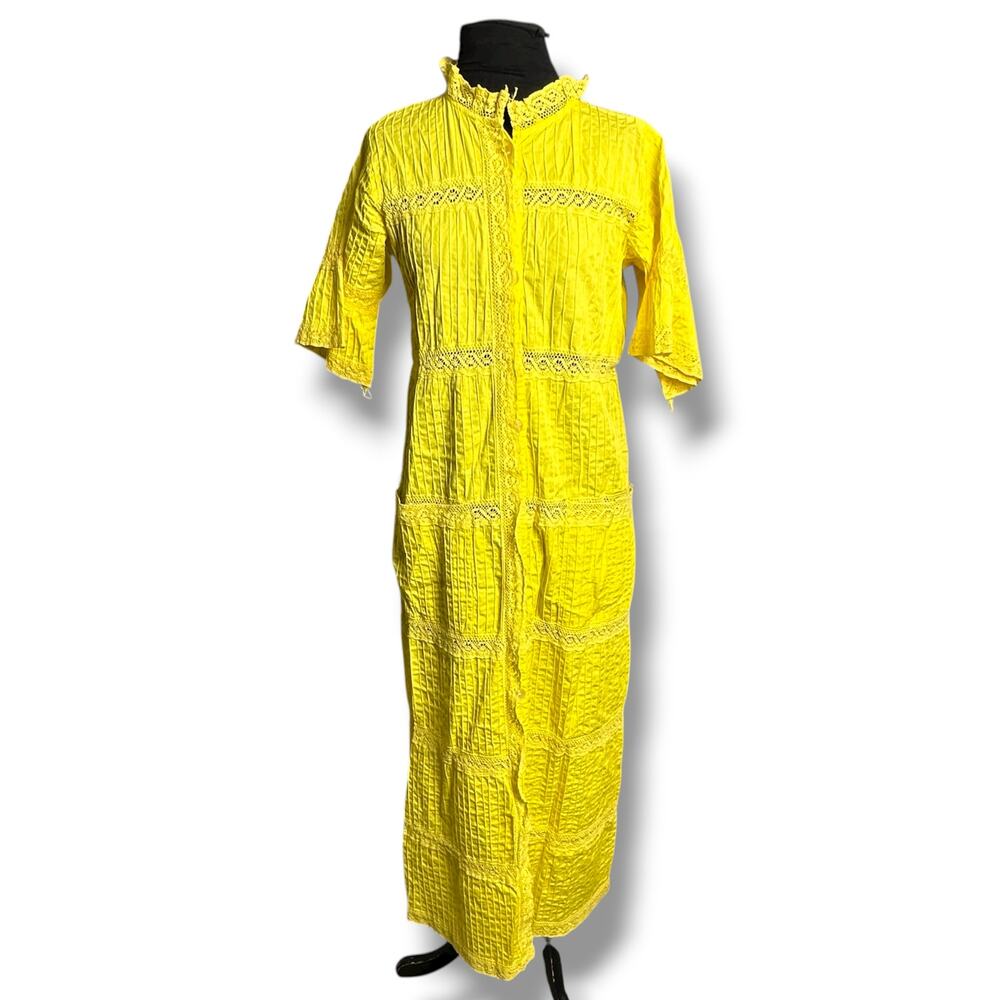 Vintage 60s Mexican Yellow Lace Pintuck Cotton Maxi Dress Hippie Boho Prairie L